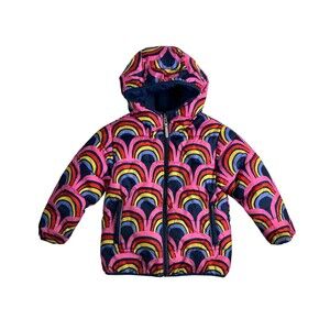 Hanna Andersson Girls Reversible Print Puffer Jacket Coat  Size 4  Navy  Rainbow